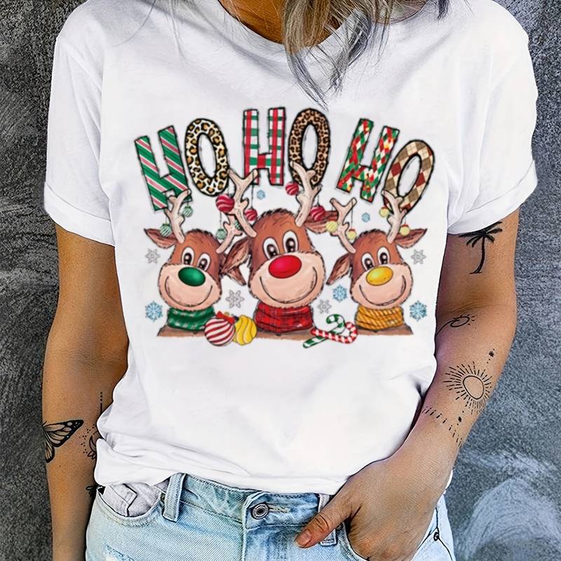 Christmas Deer Print T-shirt, Casual Short Sleeve Crew Neck Top, Women's Clothing
